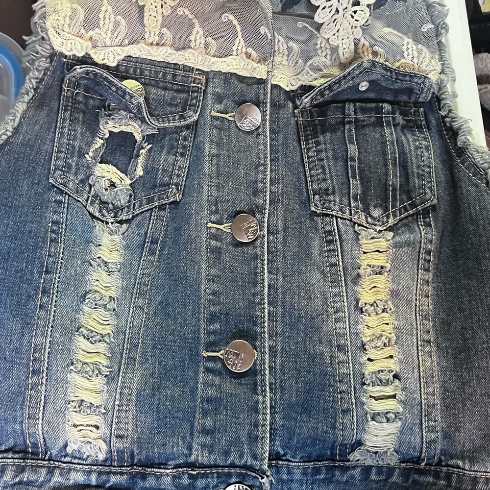 Distressed Denim Vest with Lace Accents